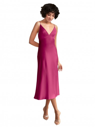 Affordable Sleeveless V-Neck Stretch Satin Fuchsia Midi Length Prom Dress Canada