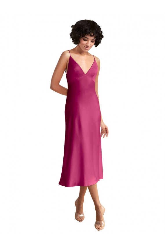 Affordable Sleeveless V-Neck Stretch Satin Fuchsia Midi Length Prom Dress Canada