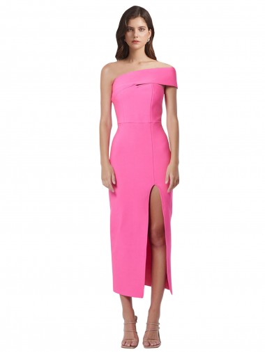Affordable Sleeveless One Shoulder Stretch Crepe Fuchsia Midi Length Prom Dress Canada