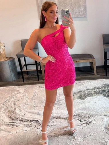 Affordable Sleeveless One Shoulder Velvet Sequin Fuchsia Short Prom Dresses Canada