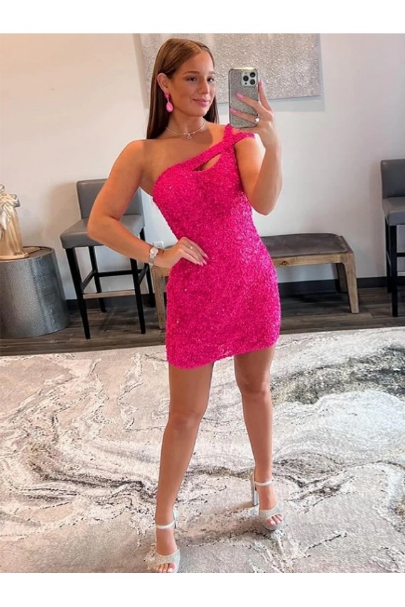 Affordable Sleeveless One Shoulder Velvet Sequin Fuchsia Short Prom Dresses Canada