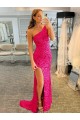 Affordable Sleeveless One Shoulder Velvet Sequin Fuchsia Sweep Train Prom Dress Canada