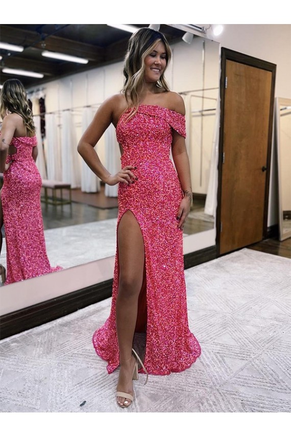 Affordable Sleeveless One Shoulder Velvet Sequin Fuchsia Sweep Train Evening Gown Canada