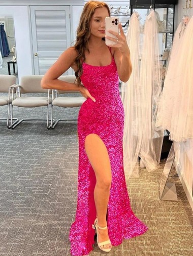 Affordable Sleeveless Spaghetti Straps Velvet Sequin Fuchsia Sweep Train Prom Dress Canada