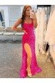 Affordable Sleeveless Spaghetti Straps Velvet Sequin Fuchsia Sweep Train Prom Dress Canada