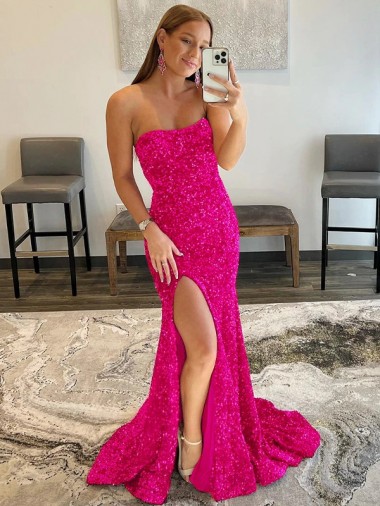 Affordable Sleeveless Strapless Velvet Sequin Fuchsia Sweep Train Prom Dress Canada