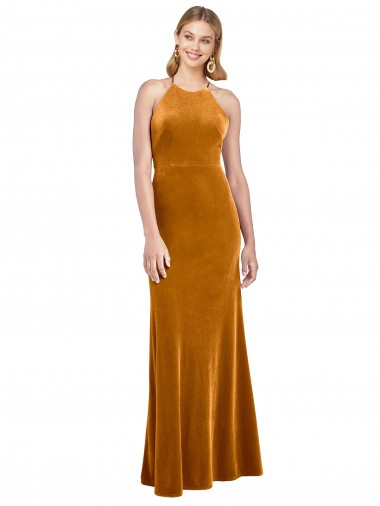 Affordable Sleeveless High Neck Stretch Velvet Gold Long Prom Dress Canada