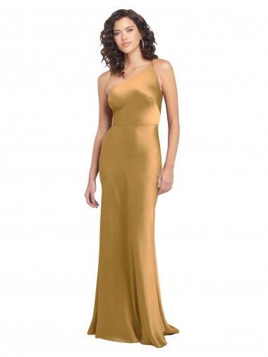 Affordable Sleeveless One Shoulder Stretch Satin Gold Long Prom Dress Canada