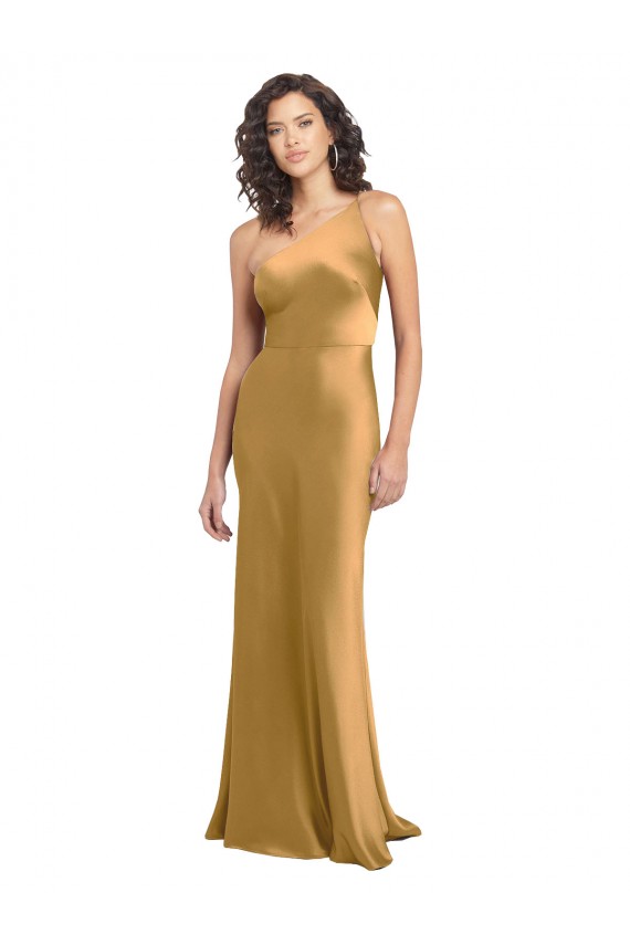 Affordable Sleeveless One Shoulder Stretch Satin Gold Long Prom Dress Canada