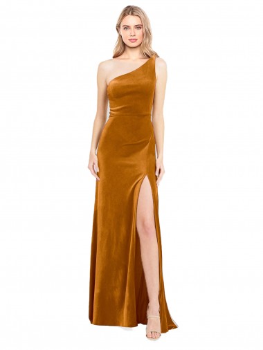 Affordable Sleeveless One Shoulder Stretch Velvet Gold Long Prom Dress Canada