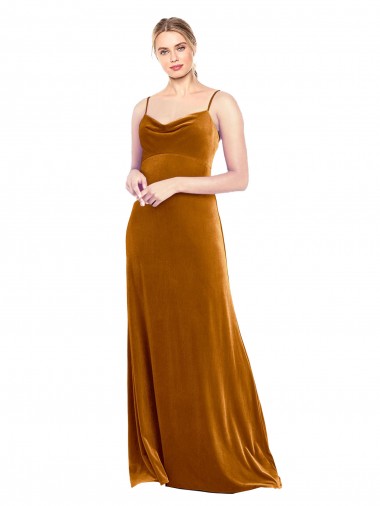 Affordable Sleeveless Cowl Neck Stretch Velvet Gold Long Prom Dress Canada