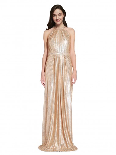 Affordable Sleeveless High Neck Sequin Gold Long Prom Dress Canada
