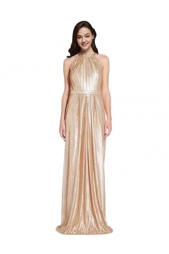Affordable Sleeveless High Neck Sequin Gold Long Prom Dress Canada