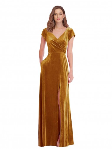 Affordable Cap Sleeves V-Neck Stretch Velvet Gold Long Prom Dress Canada