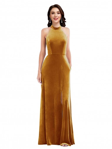 Affordable Sleeveless Halter Neck Stretch Velvet Gold Long Keyhole Back Prom Dress Canada