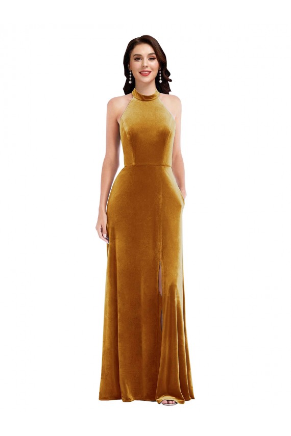 Affordable Sleeveless Halter Neck Stretch Velvet Gold Long Keyhole Back Prom Dress Canada