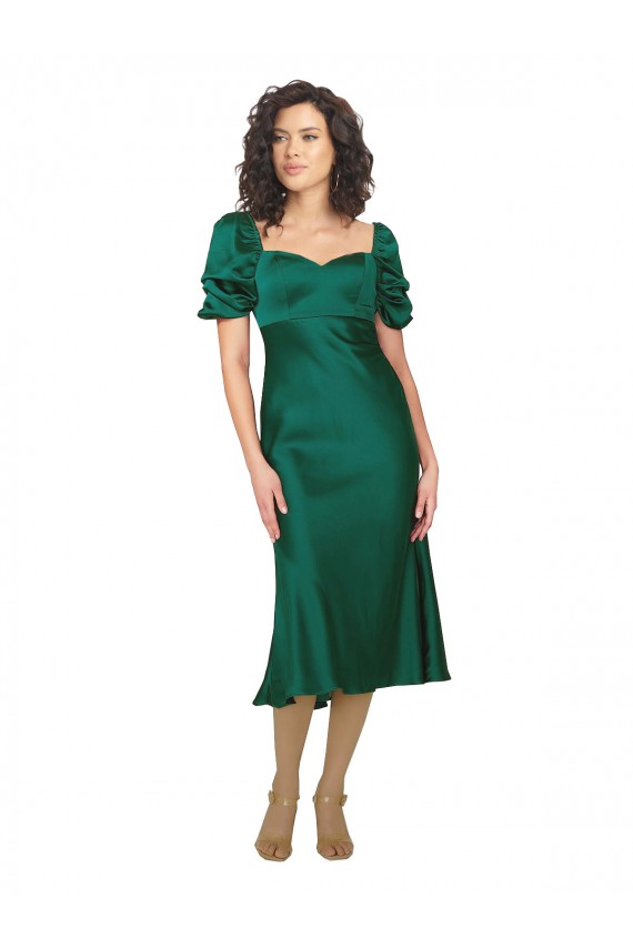 Affordable Short Sleeves Sweetheart Silky Satin Hunter Midi Length Prom Dress Canada