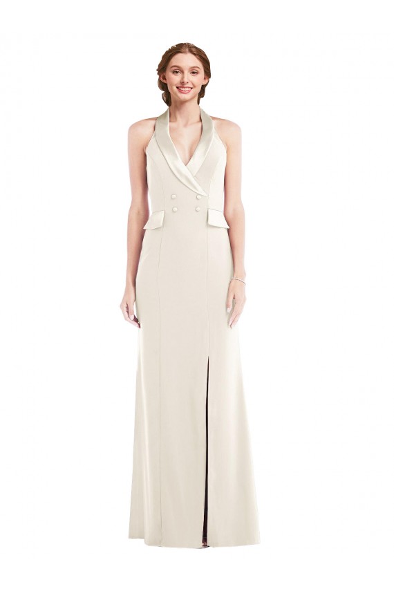 Affordable Sleeveless Halter Neck Stretch Crepe Ivory Long Prom Dress Canada