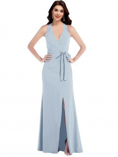 Affordable Sleeveless Halter Neck Stretch Crepe Light Sky Blue Long Open Back Prom Dress Canada