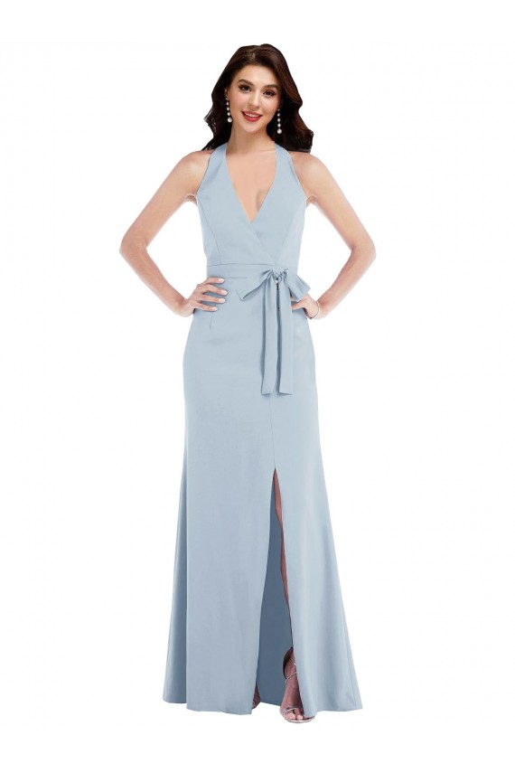 Affordable Sleeveless Halter Neck Stretch Crepe Light Sky Blue Long Open Back Prom Dress Canada