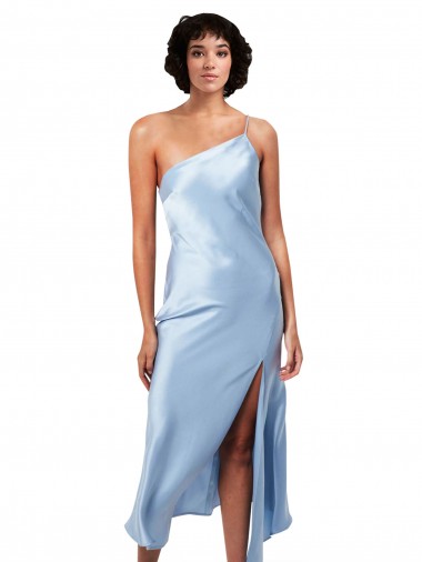 Affordable Sleeveless One Shoulder Silky Satin Light Sky Blue Midi Length Prom Dress Canada