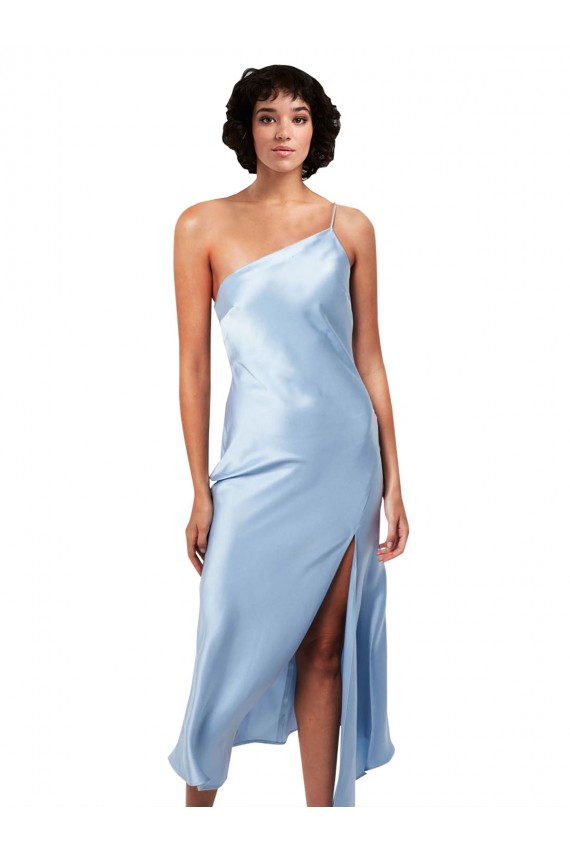 Affordable Sleeveless One Shoulder Silky Satin Light Sky Blue Midi Length Prom Dress Canada