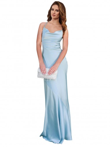 Affordable Sleeveless Cowl Neck Silky Satin Light Sky Blue Long Prom Dress Canada