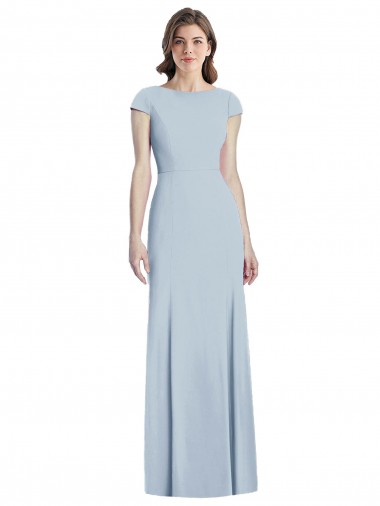 Affordable Cap Sleeves Bateau Neck Stretch Crepe Light Sky Blue Long Prom Dress Canada