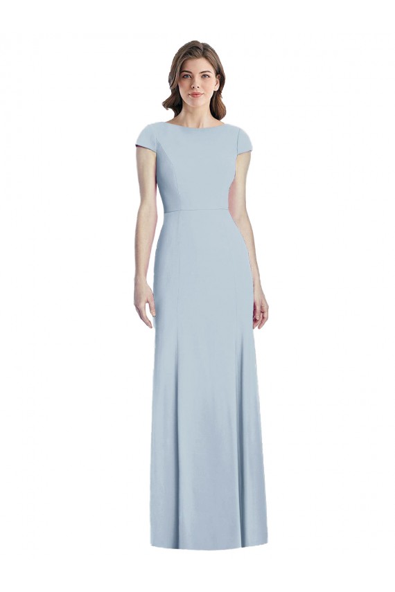 Affordable Cap Sleeves Bateau Neck Stretch Crepe Light Sky Blue Long Prom Dress Canada
