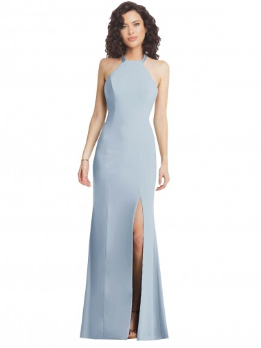 Affordable Sleeveless Halter Neck Stretch Crepe Light Sky Blue Long Criss Cross Back Prom Dress Canada