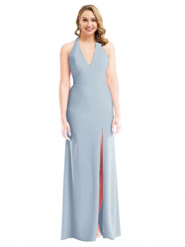 Affordable Sleeveless Halter Neck Stretch Crepe Light Sky Blue Long Open Back Evening Prom Dress Canada