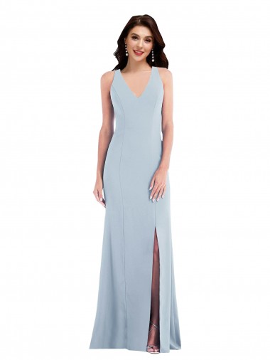 Affordable Sleeveless V-Neck Stretch Crepe Light Sky Blue Long Criss Cross Back Prom Dress Canada