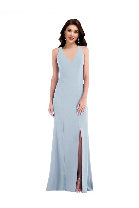 Affordable Sleeveless V-Neck Stretch Crepe Light Sky Blue Long Criss Cross Back Prom Dress Canada