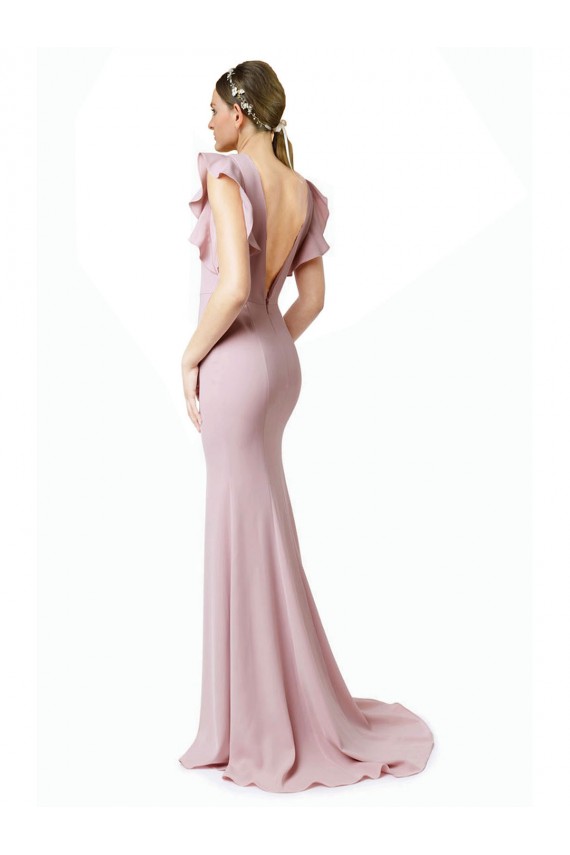 Affordable Ruffle Sleeves Jewel Neck Stretch Crepe Pink Sweep Train Black Tie Prom Dress Canada