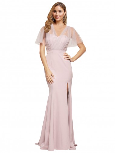 Affordable Short Sleeves Sweetheart Stretch Crepe & Tulle Mauve Long Prom Dress Canada