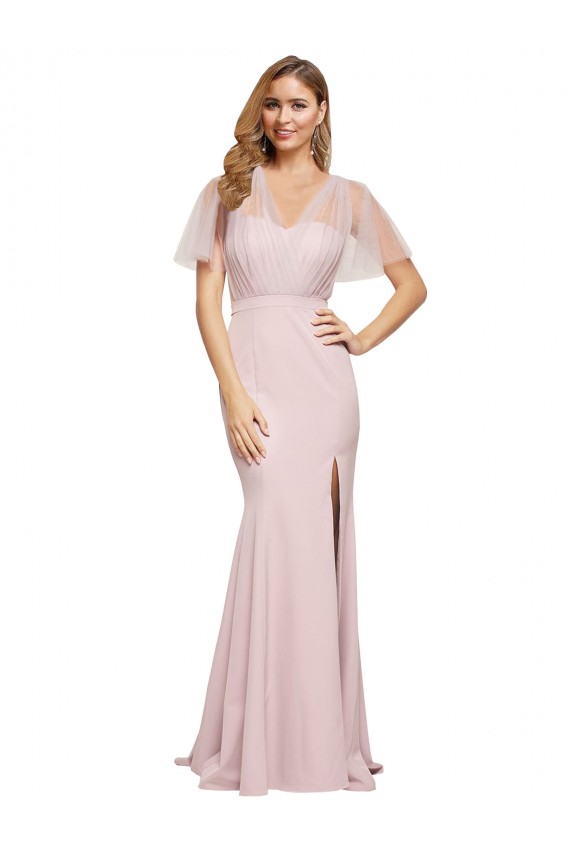 Affordable Short Sleeves Sweetheart Stretch Crepe & Tulle Mauve Long Prom Dress Canada