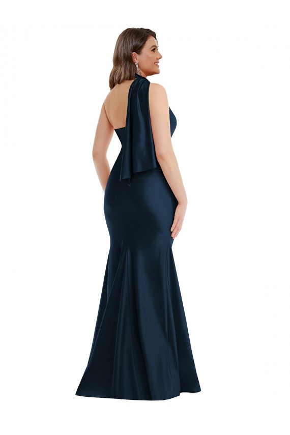 Affordable Sleeveless Halter Neck Silky Satin Dark Navy Long Plus Size Formal Prom Dress Canada
