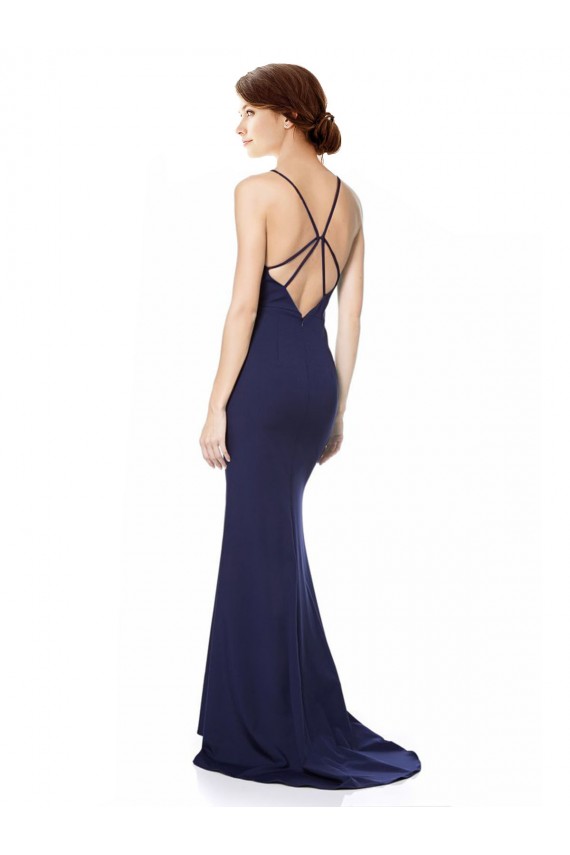 Affordable Sleeveless Halter Neck Stretch Crepe Navy Blue Long Criss Cross Open Back Prom Dress Canada
