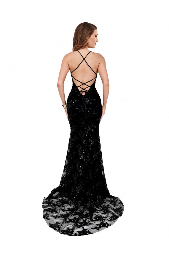 Affordable Sleeveless High Neck Lace Black Long Black Tie Prom Dress Canada