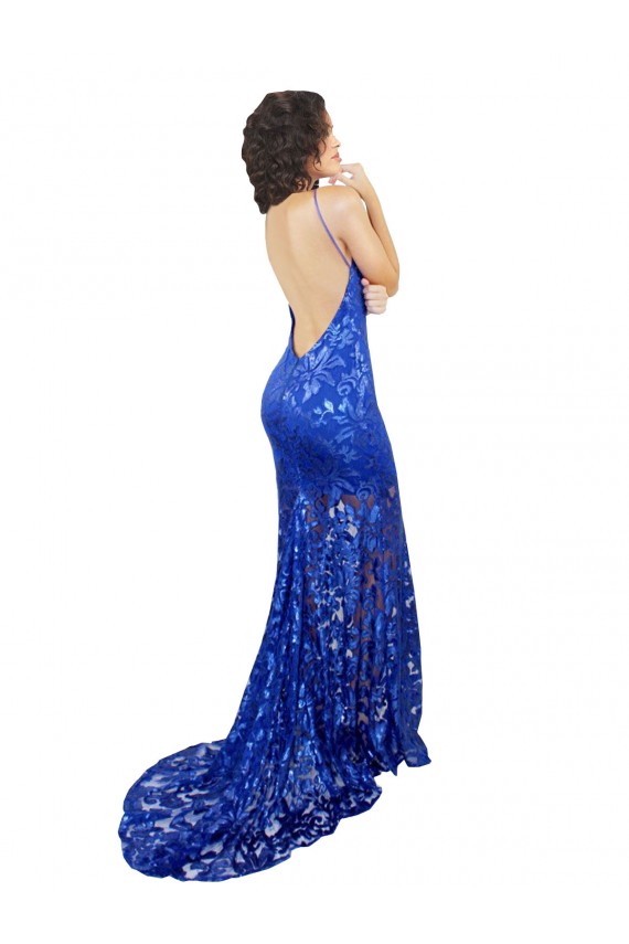 Affordable Sleeveless High Neck Lace Royal Blue Long Prom Dress Canada