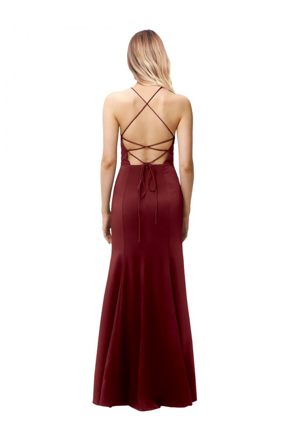 Affordable Sleeveless Halter Neck Stretch Crepe Burgundy Gold Long Criss Cross Back Prom Dress Canada