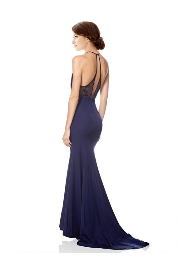 Affordable Sleeveless Halter Neck Stretch Crepe Navy Blue Long Prom Dress Canada