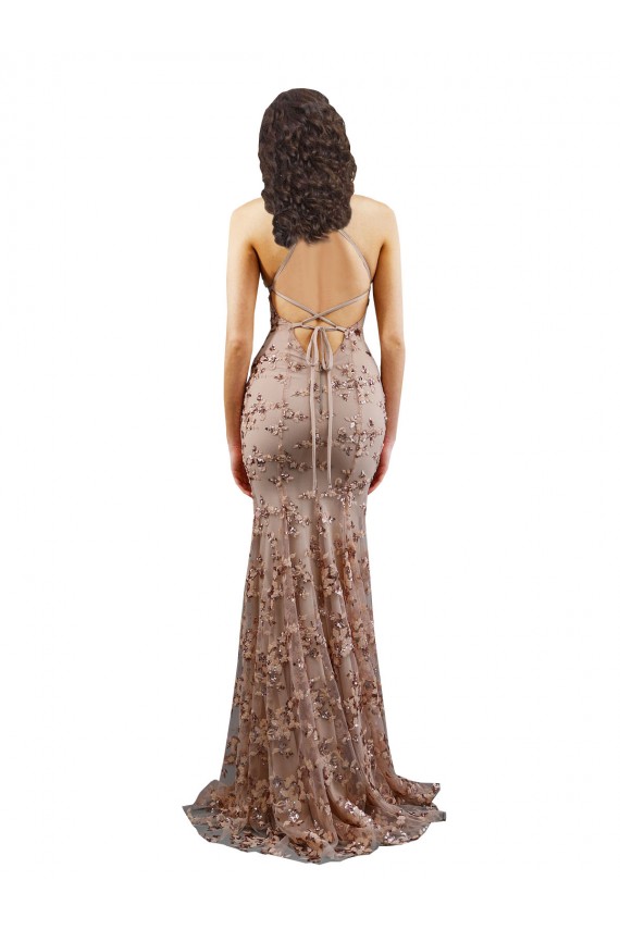Affordable Sleeveless High Neck Stretch Crepe & Sequin Tulle Rose Gold Long Prom Dress Canada