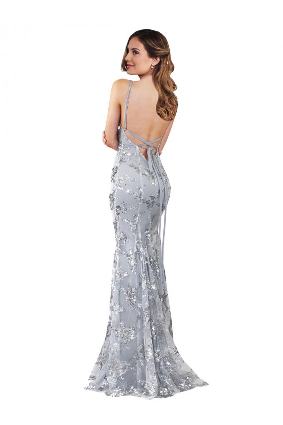 Affordable Sleeveless High Neck Stretch Crepe & Sequin Tulle Silver Long Prom Dress Canada