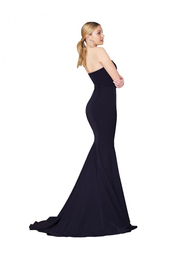 Affordable Sleeveless High Neck Stretch Crepe Dark Navy Sweep Train Prom Dress Canada