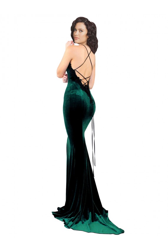 Affordable Sleeveless High Neck Stretch Velvet Dark Green Sweep Train Prom Dress Canada