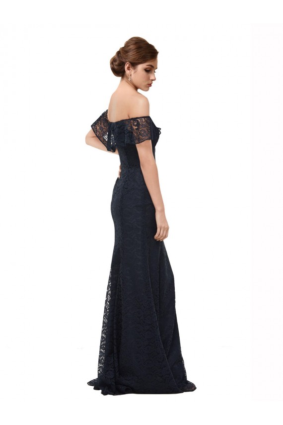 Affordable Flutter Sleeves Off the Shoulder Lace Dark Navy Long Prom Dress Canada