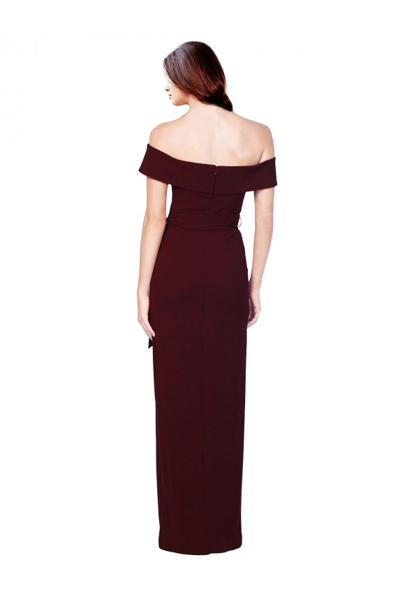 Affordable Sleeveless Off the Shoulder Stretch Crepe Burgundy Gold Long Prom Dress Canada
