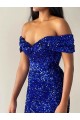 Affordable Sleeveless Off the Shoulder Velvet Sequin Royal Blue Sweep Train Evening Prom Dress Canada