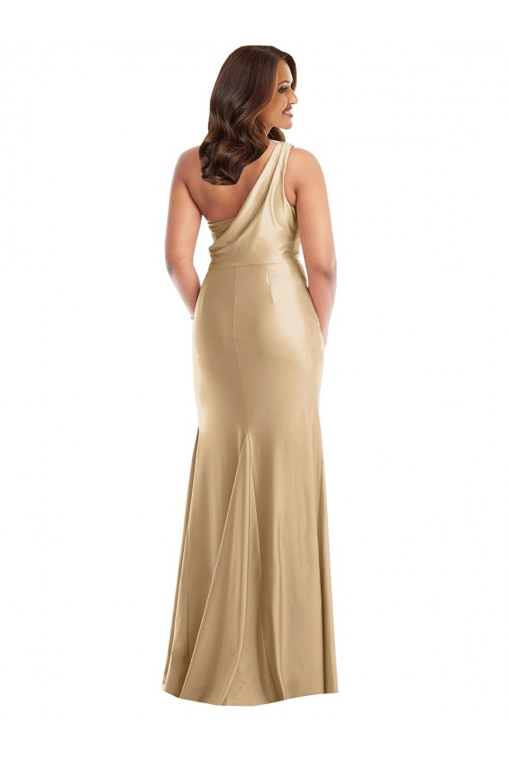 Affordable Sleeveless One Shoulder Silky Satin Soft Gold Long Plus Size Formal Prom Dress Canada